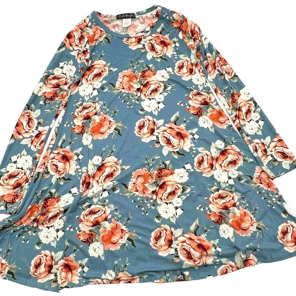 FRENCH ATMOSPHERE Small Long Sleeve Blue Rose Floral Print Midi‎ Dress Cottage